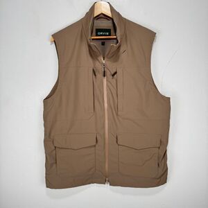 Orvis Curious Traveler Vest Men Large Tan Brown Full Zip Magnetic Pockets Casual